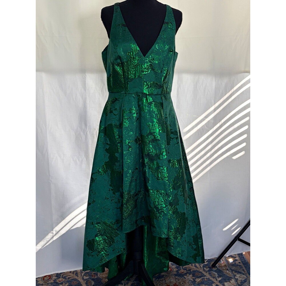 Belle Badgley Mischka Green Floral Jacquard V-Neck Hi-Low A-Line Dress 10